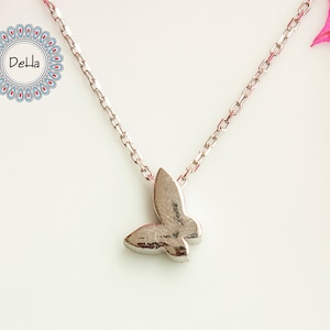 Sterling Silver Tiny Butterfly Charm Necklace: White Gold Plated