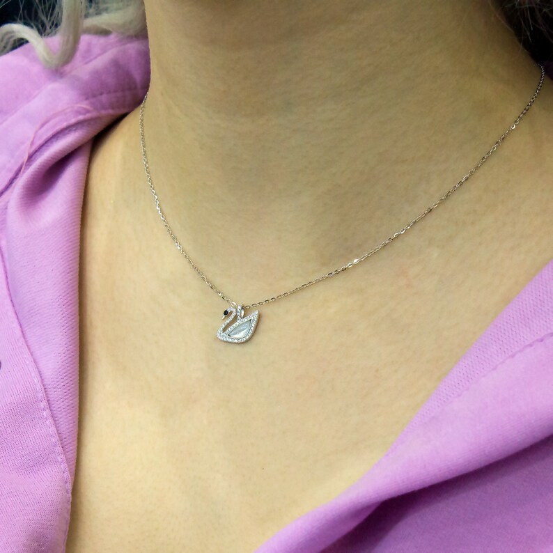 Sterling Silver Swan Necklace, Swan Charm Necklace, Cubic Zirconia