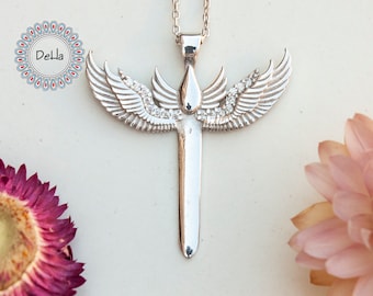 Sterling Silver Archangel Michael Sword Necklace: Wing Charm