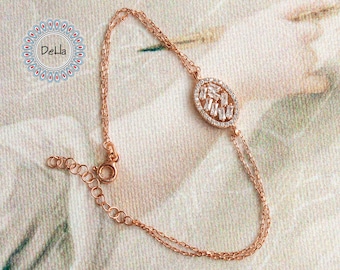 Rose Gold Plated Baguette Cut Bracelet: Sterling Silver Dainty Jewelry