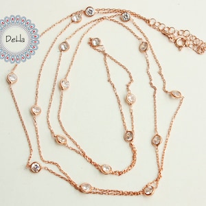 Rose Gold Plated Sterling Silver CZ Station Necklace - 90cm
