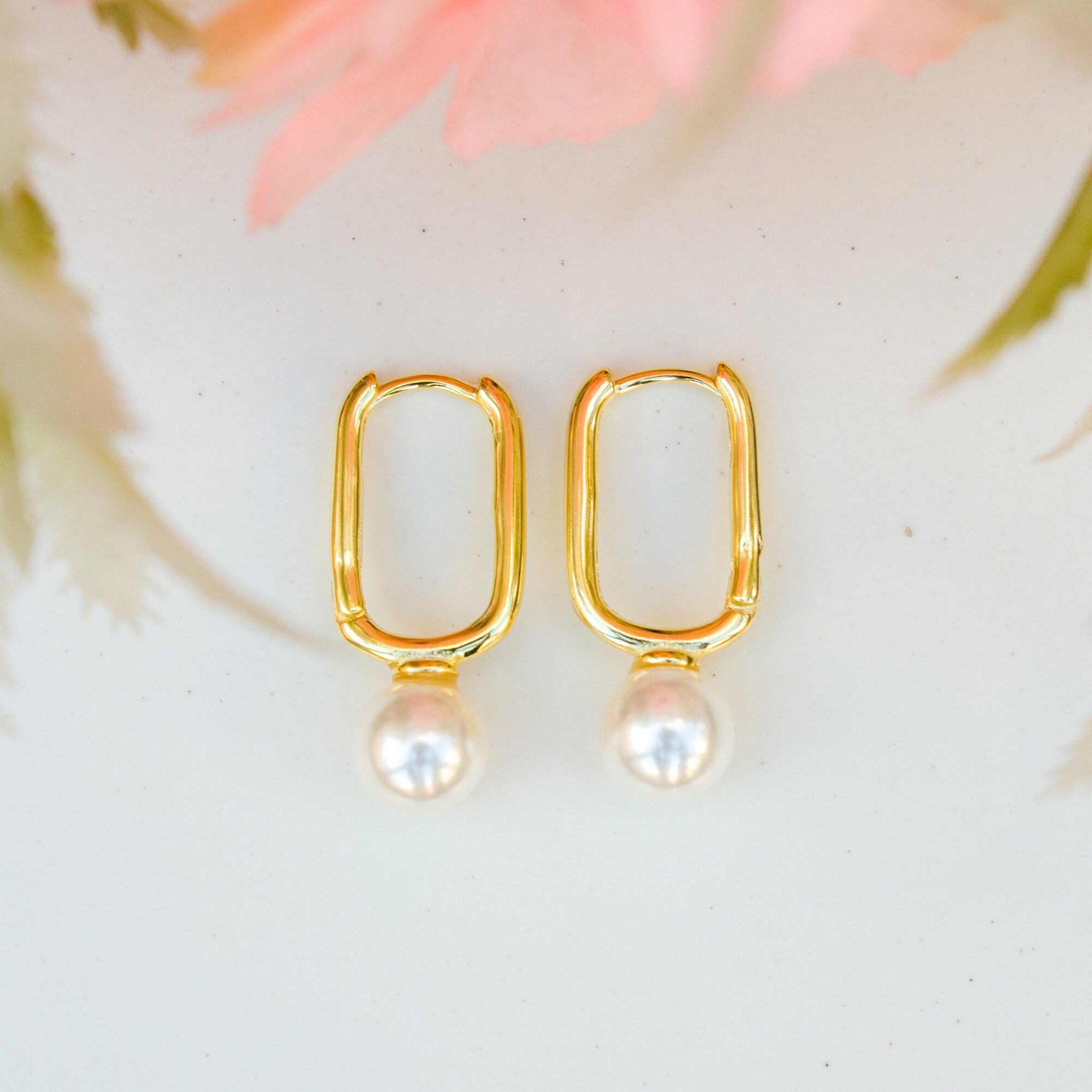 Dainty Pearl Gold Plated Hoop Earrings, Gold Hoop Pearl Earrings, Gold