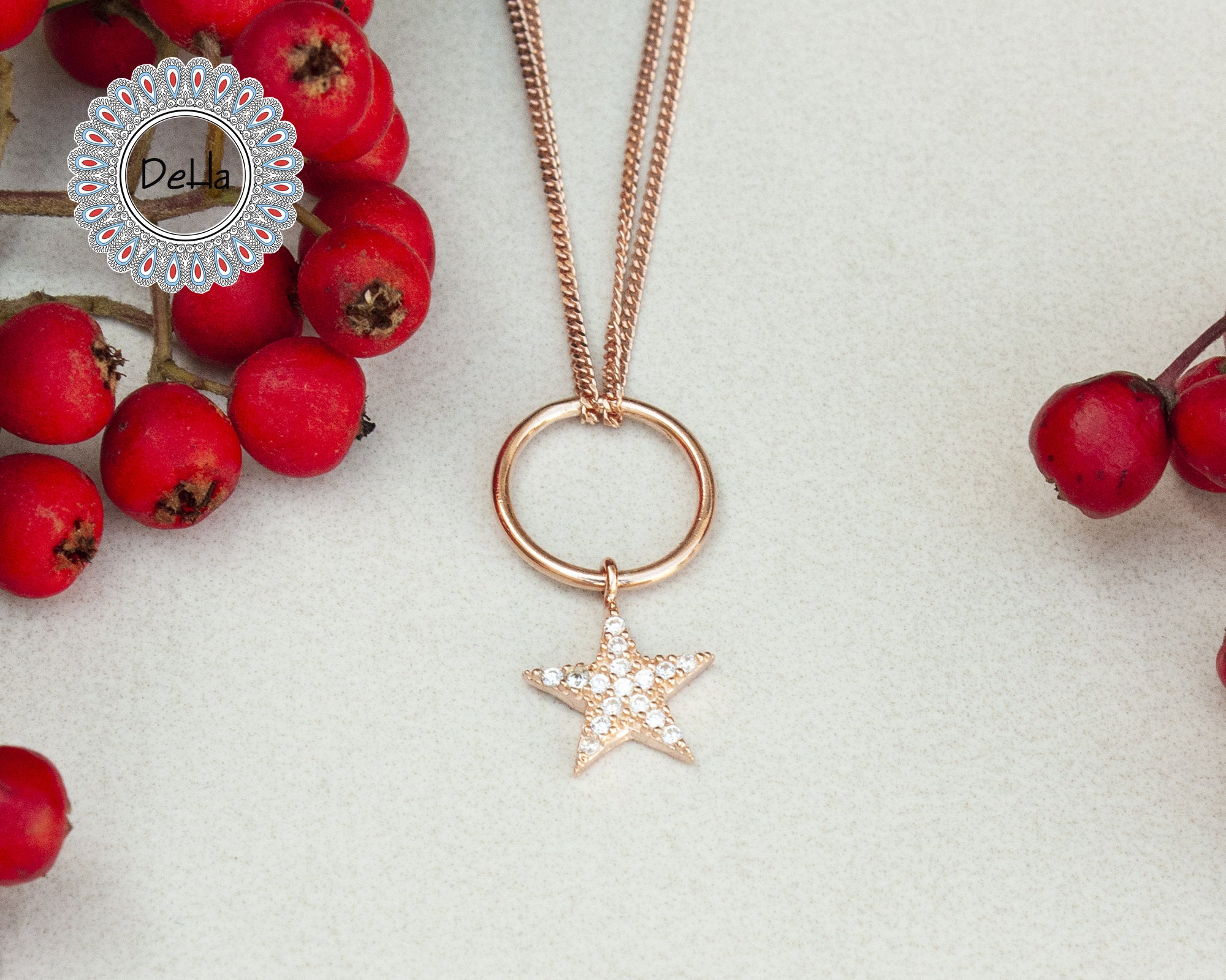 Starz Design Rose Gold Star Pendant Necklace: Sterling Silver Hoop, CZ Star - Etsy
