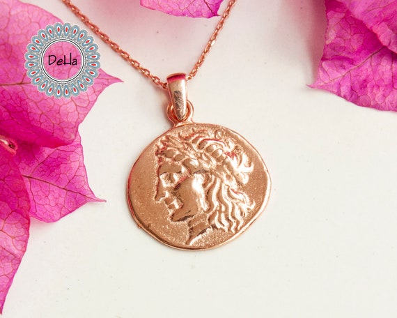 Rose Gold Plated Sterling Silver Old Coin Pendant Necklace