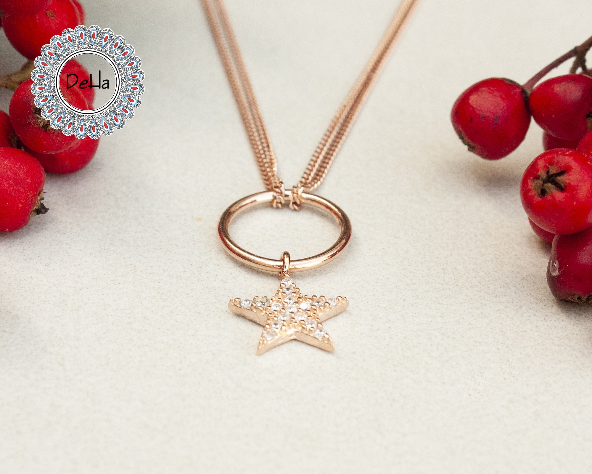 Starz Design Rose Gold Star Pendant Necklace: Sterling Silver Hoop, CZ Star - Etsy