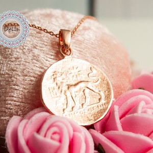 Pode incluir: Um colar com pingente em ouro rosa com um charme redondo em forma de moeda com um design em relevo de uma figura e texto. O colar &eacute; exibido em uma superf&iacute;cie rosa com rosas cor-de-rosa em primeiro plano. O logotipo Della &eacute; vis&iacute;vel.