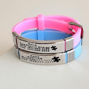 Braccialetto di allerta medica personalizzato per bambini autistici, identificativo medico per allergie inciso, braccialetto di contatto di emergenza per bambini in silicone impermeabile