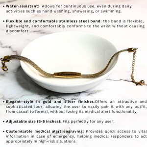 May include: A gold medical alert bracelet with a mesh band and a rectangular tag engraved with "PACEMAKER". The bracelet is water-resistant, adjustable, and comes in gold and silver finishes.