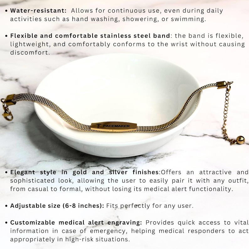 May include: A gold medical alert bracelet with a mesh band and a rectangular tag engraved with "PACEMAKER". The bracelet is water-resistant, adjustable, and comes in gold and silver finishes.