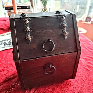 Antique French Wooden Jewelry Box with Ornate Metal Accents