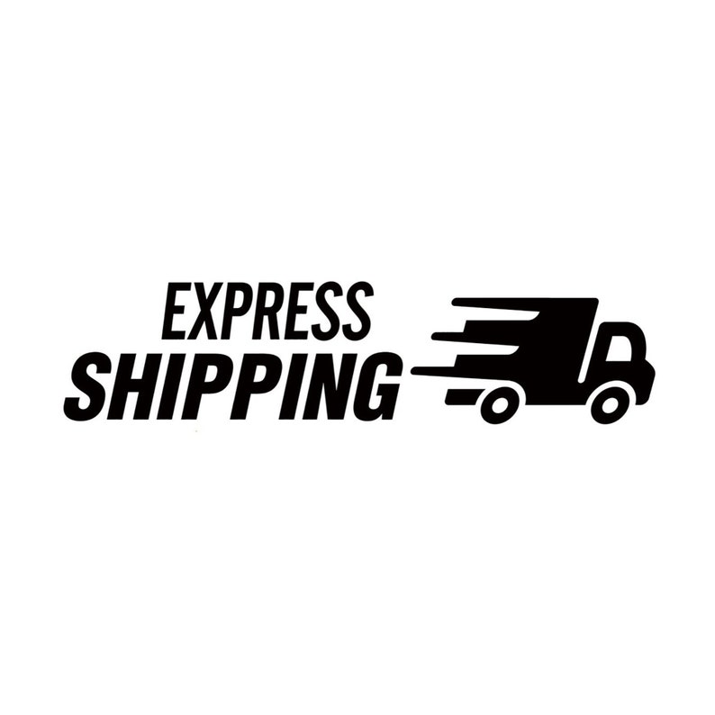 May include: Black and white illustration of a delivery truck with the text "EXPRESS SHIPPING" above it.