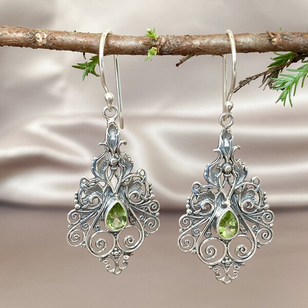 thumbnail image 2 of Handmade Peridot Gemstone Drop Earrings – Lab Created Green Stone, Silver Plated, 2.05 Inches Long 2 of 4