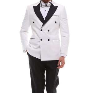 White Double Breasted Tuxedo Suit: Black Satin Pant, Bow-Tie