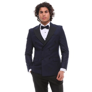 Navy Men’s Tuxedo Double Breasted Suit – Perfect for Weddings & Formal Events
