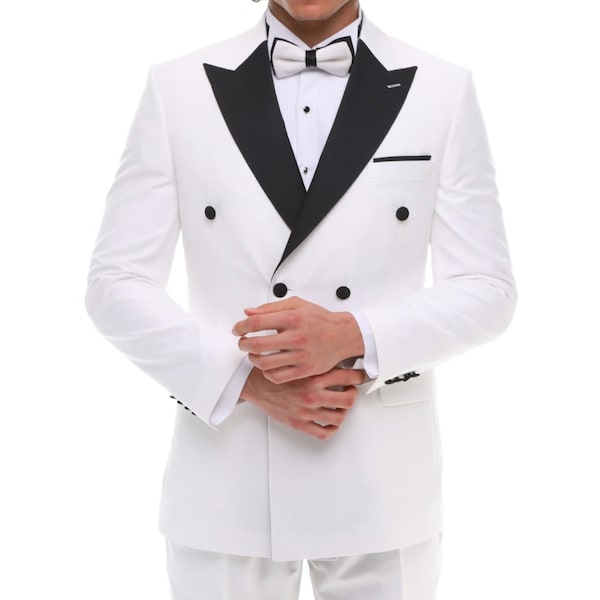 ANTIQUE DOUBLE BREASTED - White & Black Satin Three Piece Tuxedo
