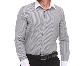 Men's Black Stripe Dress Shirt – White Collar, Long Sleeve Cotton Blend