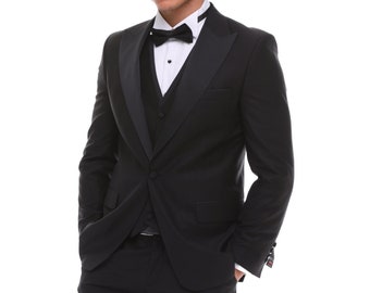 BLACK PEAK LAPEL - Black Satin Four Piece Tuxedo for Men