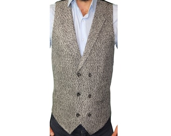 Chaleco cruzado elegante de tweed gris para hombre / Corte a medida