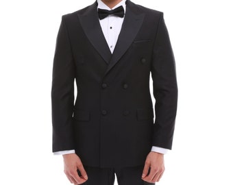 BLACK DOUBLE BREASTED - Black Satin Three Piece Tuxedo for Men