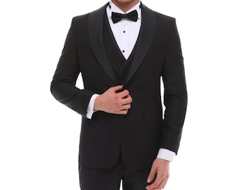 ANTIQUE BLACK SHAWL - Black Satin Four Piece Tuxedo for Men