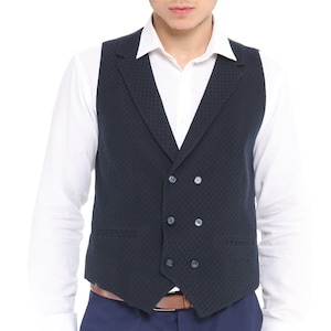 Chaleco de lana azul marino para hombre: chaleco de boda cruzado con cuadros ventana