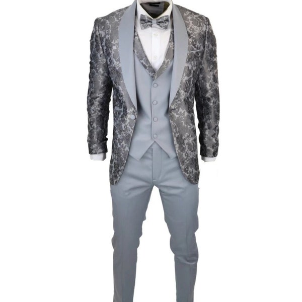 ICONIC CHIC GREY - Grey Jacquard Four Piece Dinner & Wedding Suit for Men