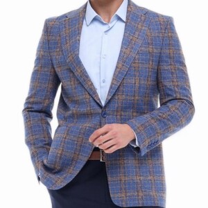 Blue Brown Plaid Blazer: London Design Check Jacket with Pocket Square