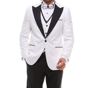 ANTIQUE PEAK LAPEL - White & Black Satin Four Piece Tuxedo