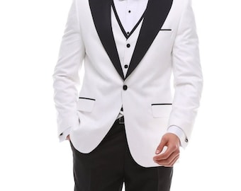 ANTIQUE PEAK LAPEL - White & Black Satin Four Piece Tuxedo