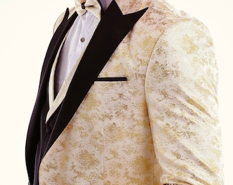 GOLDEN EYE - Golden Black Satin Jacquard Four Piece Dinner & Wedding Suit