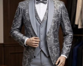 Men’s Grey Jacquard Tuxedo | Shawl Lapel 4-Piece Suit for Weddings & Events