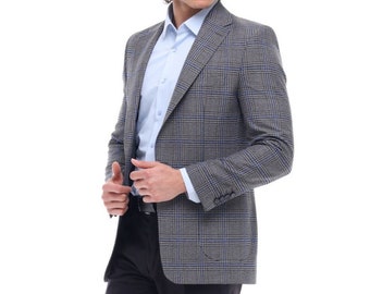 Men’s Grey & Blue Plaid Blazer | Office Casual Check Jacket | Master Slim Tailored Fit