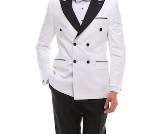 White Double Breasted Tuxedo Suit: Black Satin Pant, Bow-Tie