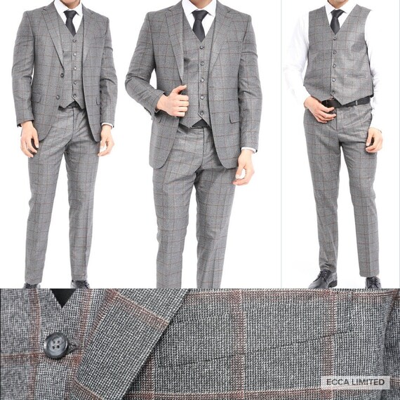 Classic Check Design 3-Piece Grey Suit