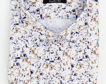 Iconic Liberty Geo I – Men's Blue , Brown Geometric Print Pure %100 Cotton Shirt