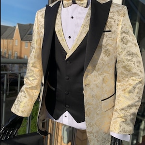 GOLDEN EYE Golden Black Satin Jacquard Four Piece Dinner & Wedding Suit image 4