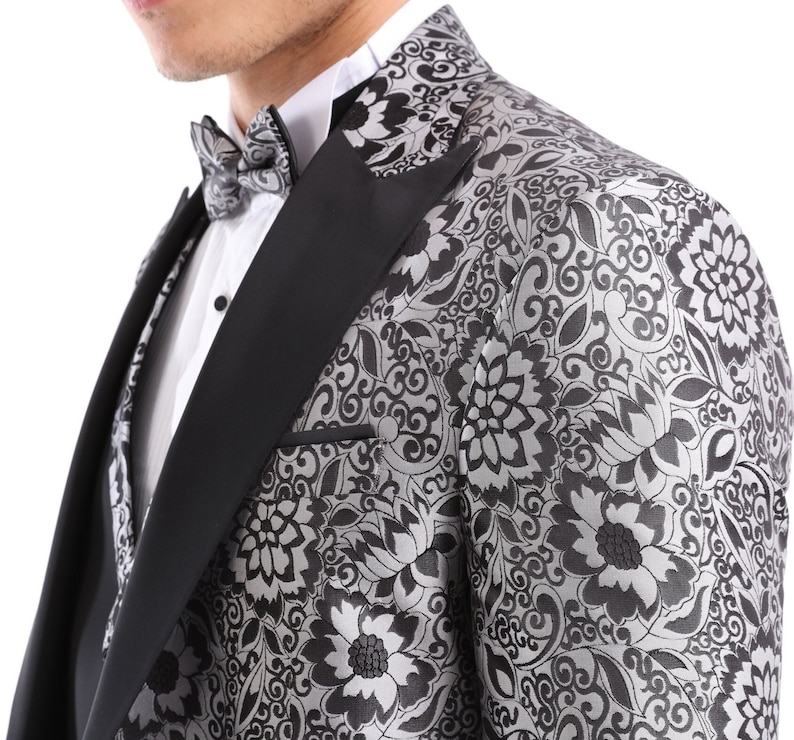 Get Grey Jacquard Tuxedo Fine Dinning & Wedding Tuxedo Suit for men Grey Satin Lapel Suit - Designer Suits for men
