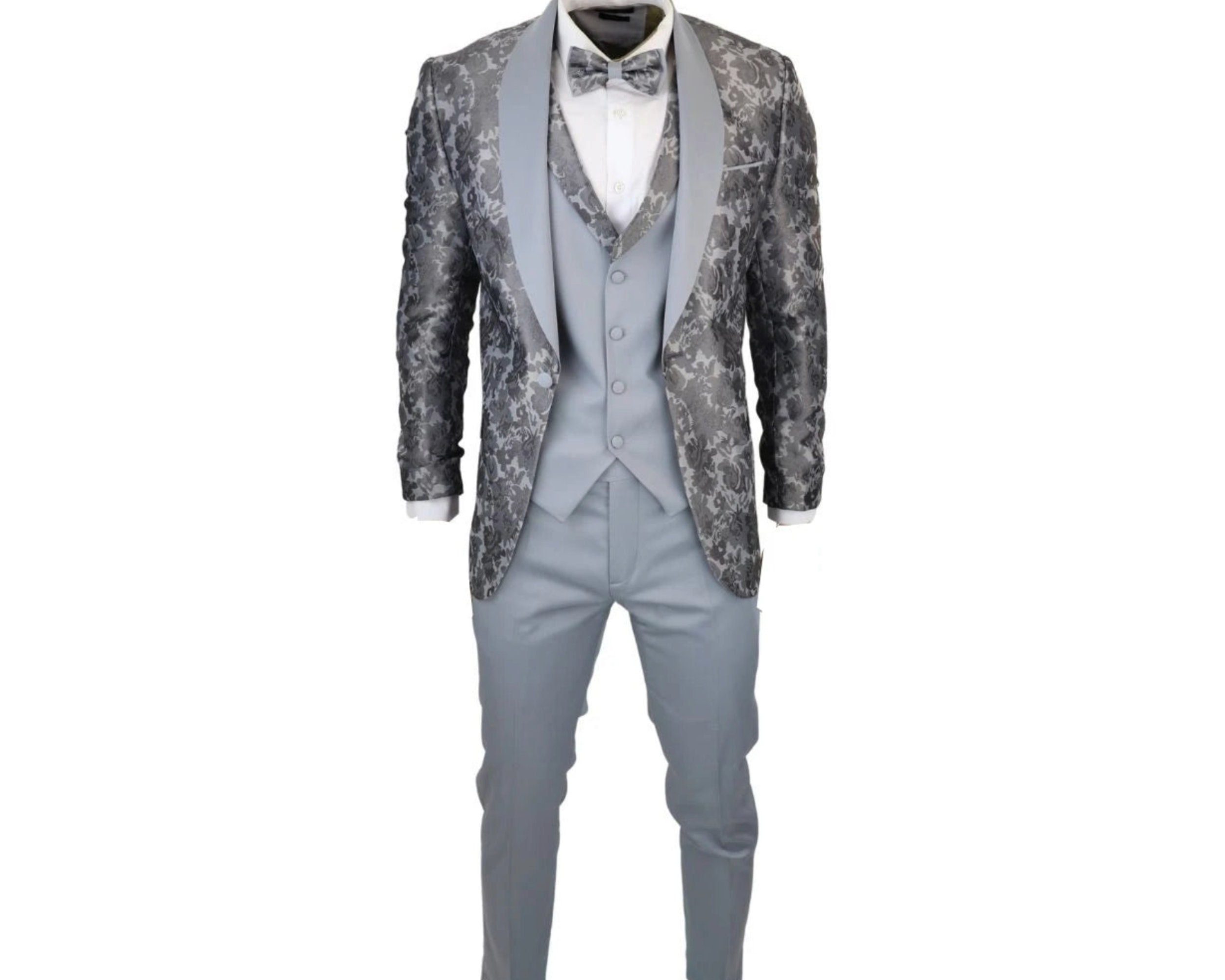 Men's Grey 2 Piece Business Suit Slim Fit Double Breasted Dinner