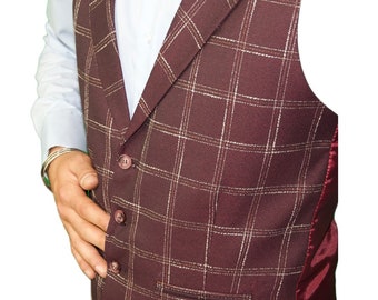 Mens Burgundy Check Waistcoat Master Tailored Fit - Limited Edition by ECCA Londoner Designer