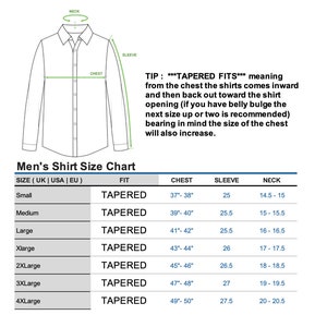May include: A chart showing men's shirt sizes with measurements for neck, chest, and sleeve in inches. The chart includes sizes from small to 4X-large. The fit is described as "Tapered".