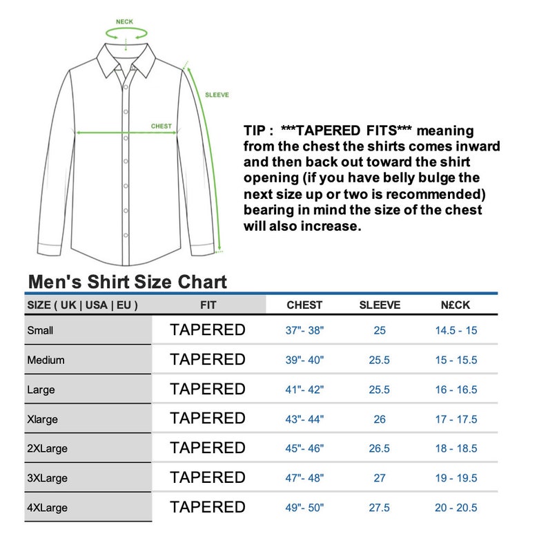 May include: A chart showing men's shirt sizes with measurements for neck, chest, and sleeve in inches. The chart includes sizes from small to 4X-large. The fit is described as "Tapered".