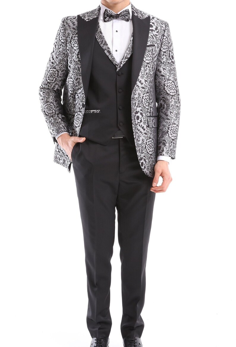 Get Men’s Elegant Grey Jacquard Suit | 4-Piece Formal & Wedding Set