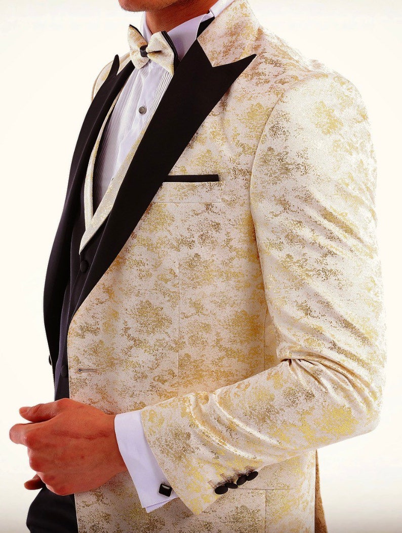 GOLDEN EYE Golden Black Satin Jacquard Four Piece Dinner & Wedding Suit image 1