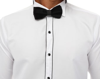 Men’s White Tuxedo Shirt – Striped Wing Collar Formal Dress Shirt with French Cuffs