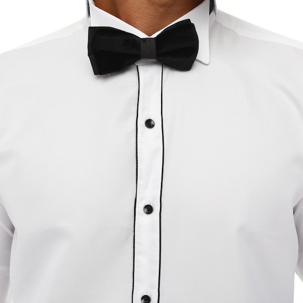 ICONIC Men's Tuxedo Black Double Striped Shirt - White & Black Formal Shirt With Studs for Men