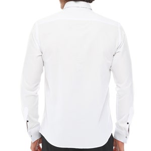 May include: A white long-sleeve dress shirt with a button-down collar and black buttons. The shirt is made of a smooth, wrinkle-resistant fabric.