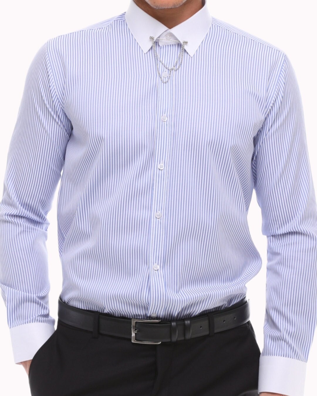 Men's Lilac Striped Pinned Collar Shirt: Slim Tailored Fit