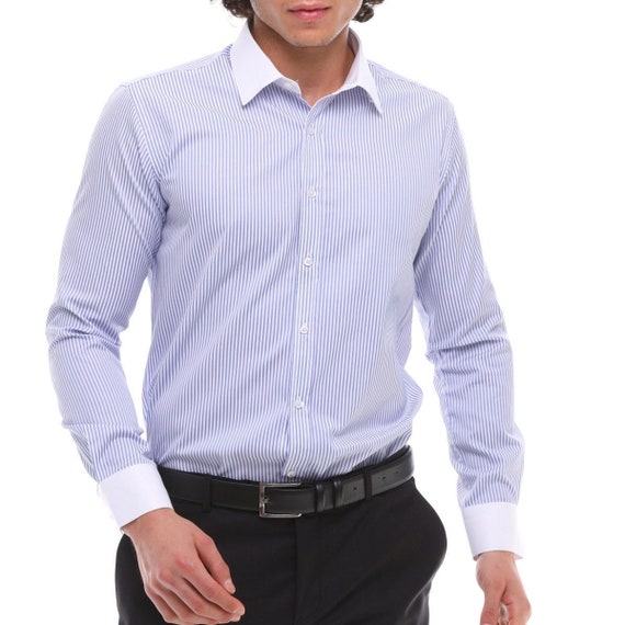 slim fit dress slacks Blue Stripe Fitted Shirt – Daily Paper Worldwide
