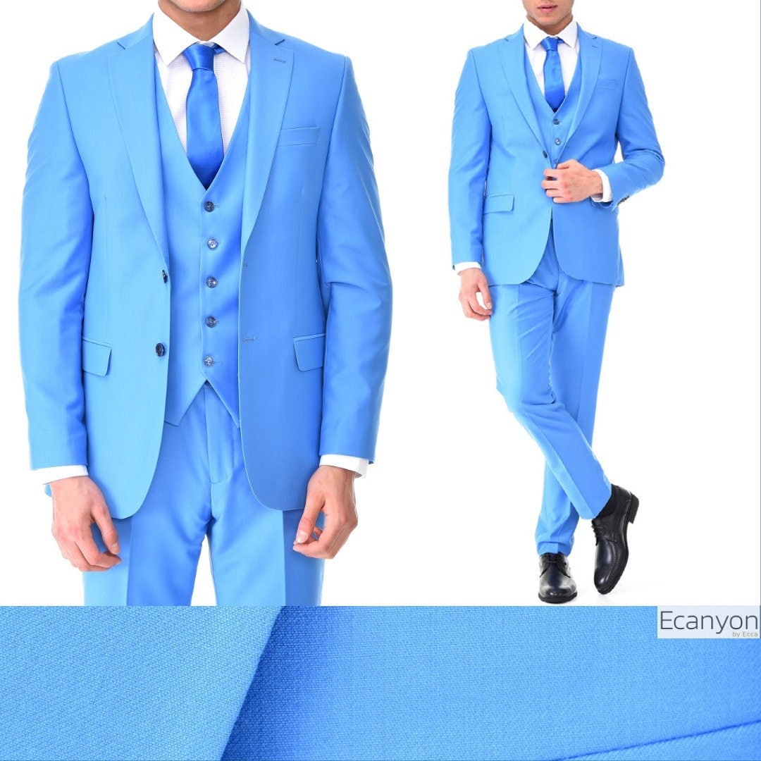 Sky Blue Plain Three Piece Suit - High Quality Viscose Suits