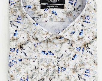 Iconic Liberty Floral IV – Men’s Blue , Brown Leaf Print Pure %100 Cotton Shirt